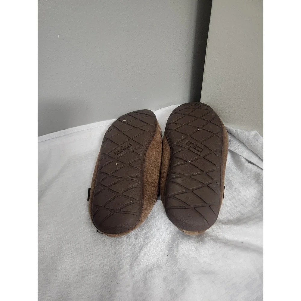 LL Bean Wicked Good Slippers Mens 9 Brown Suede Shearling Lined Scuff Moccasins